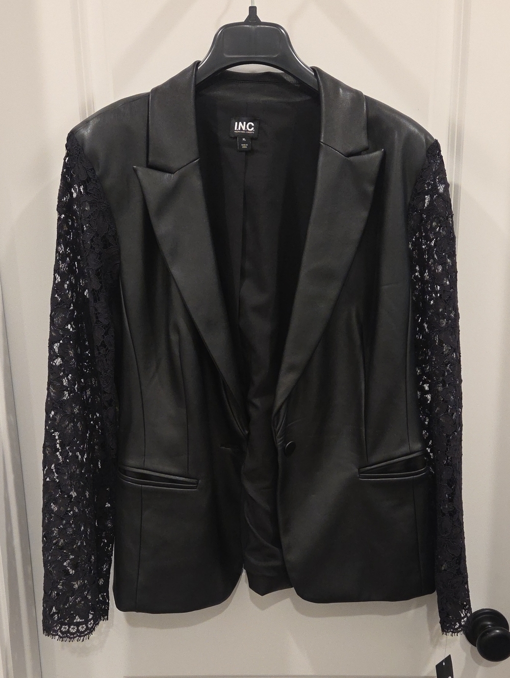 INC International Concepts Black Faux Leather Blazer with Lace Sleeves